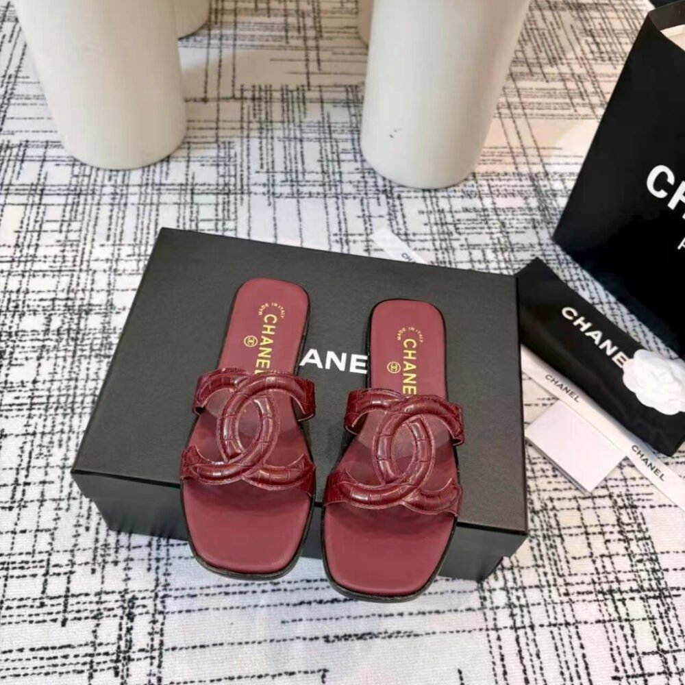 Chanel Mules Leather Dark Red