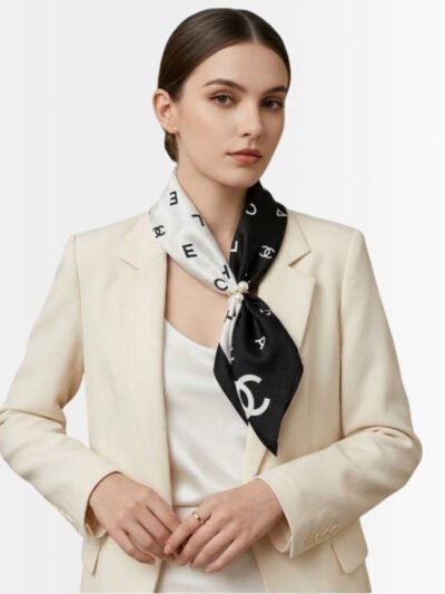 Chanel Multi Letters Square Silk Scarf Black White