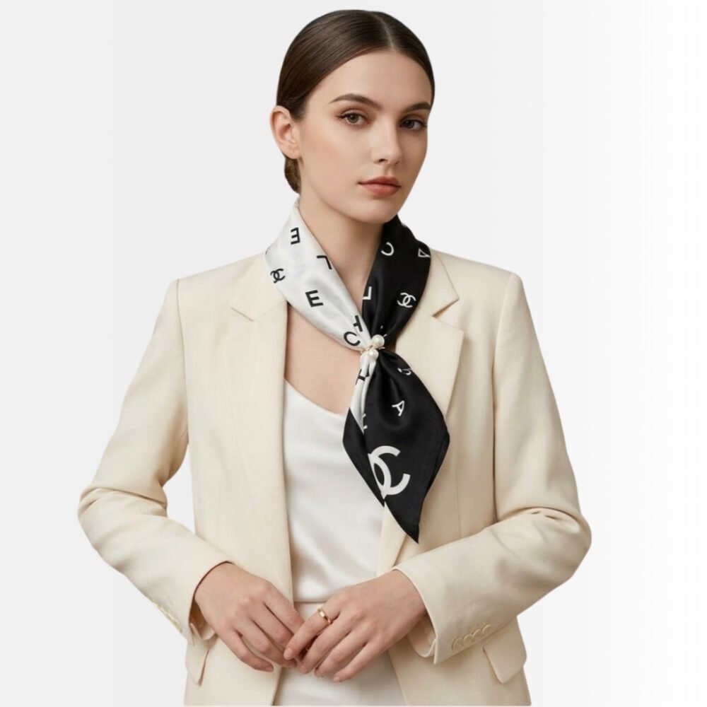 Chanel Multi Letters Square Silk Scarf Black White