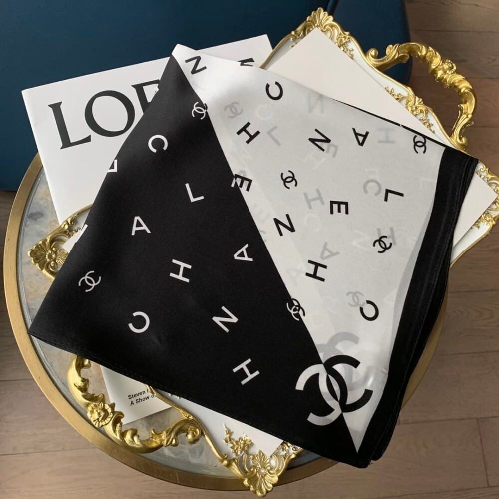 Chanel Multi Letters Square Silk Scarf Black White