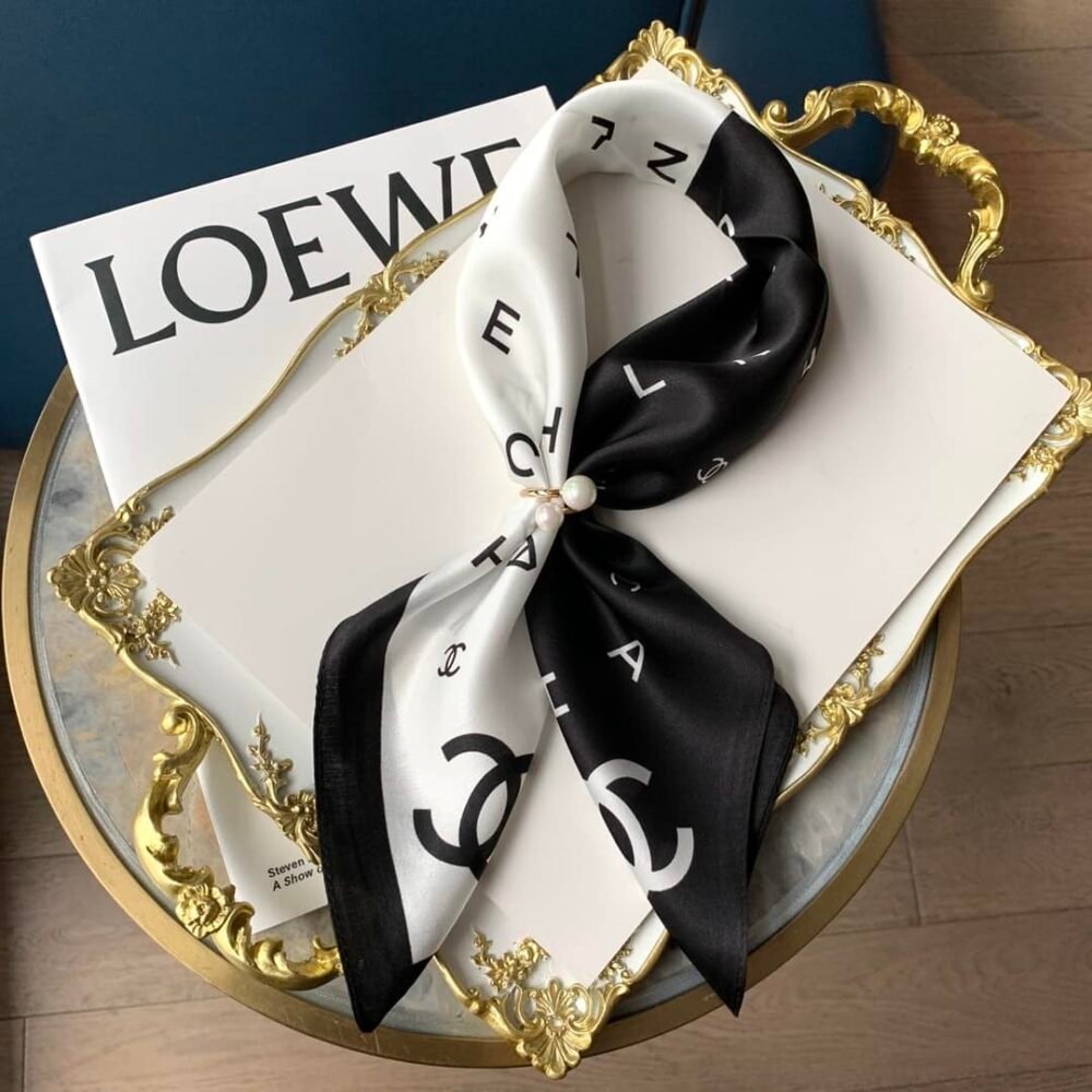 Chanel Multi Letters Square Silk Scarf Black White