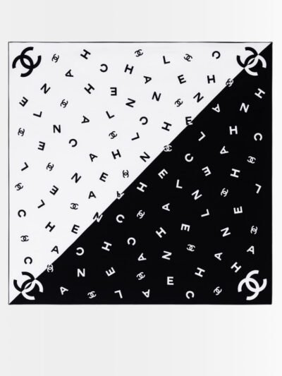 Chanel Multi Letters Square Silk Scarf Black White