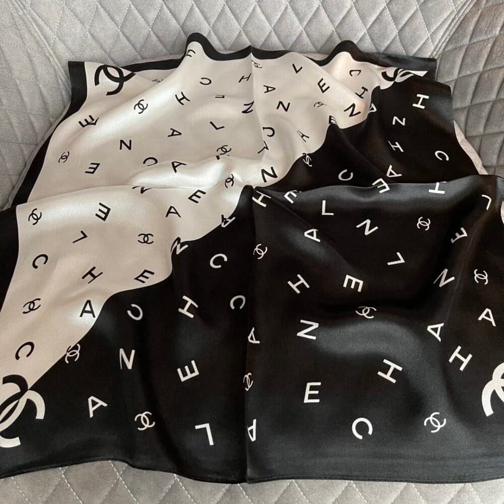 Chanel Multi Letters Square Silk Scarf Black White