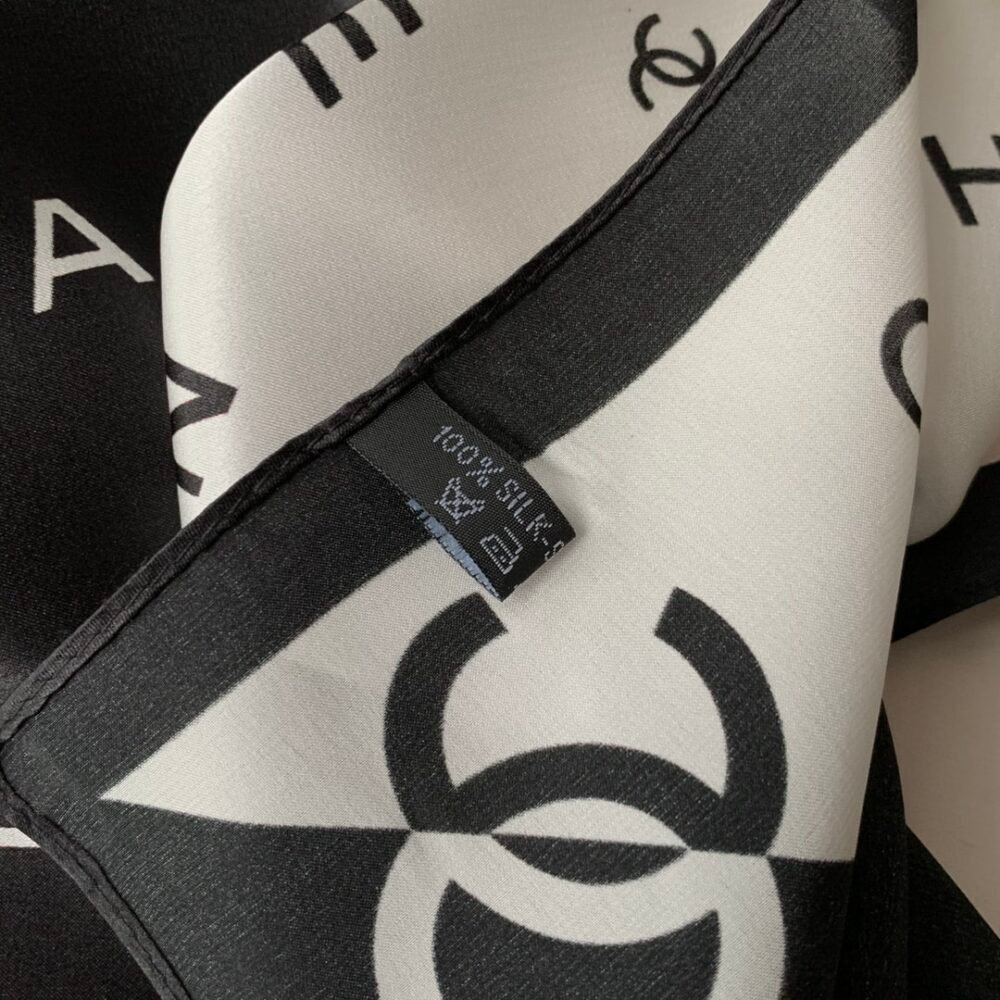 Chanel Multi Letters Square Silk Scarf Black White