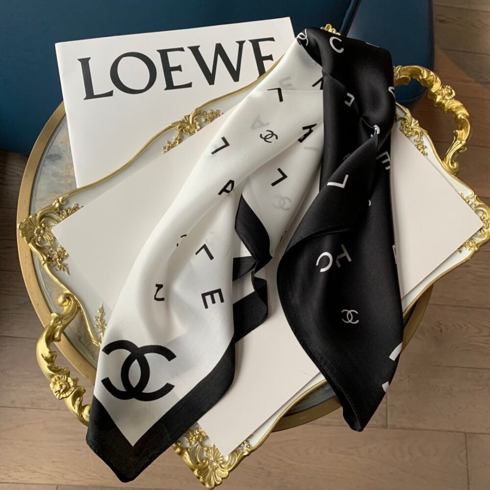 Chanel Multi Letters Square Silk Scarf Black White
