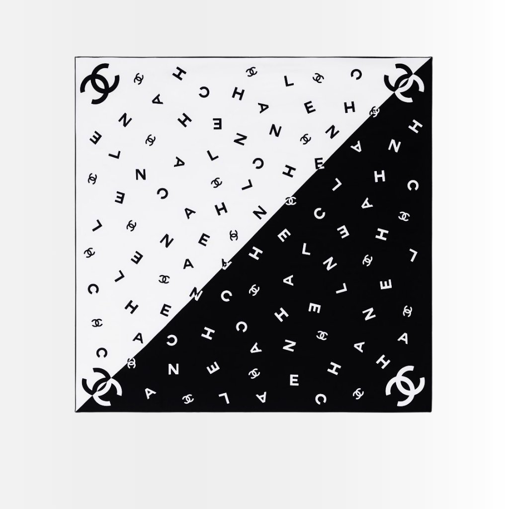 Chanel Multi Letters Square Silk Scarf Black White