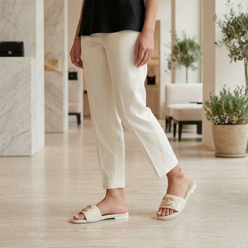 Chanel Quilted Chain Slides White