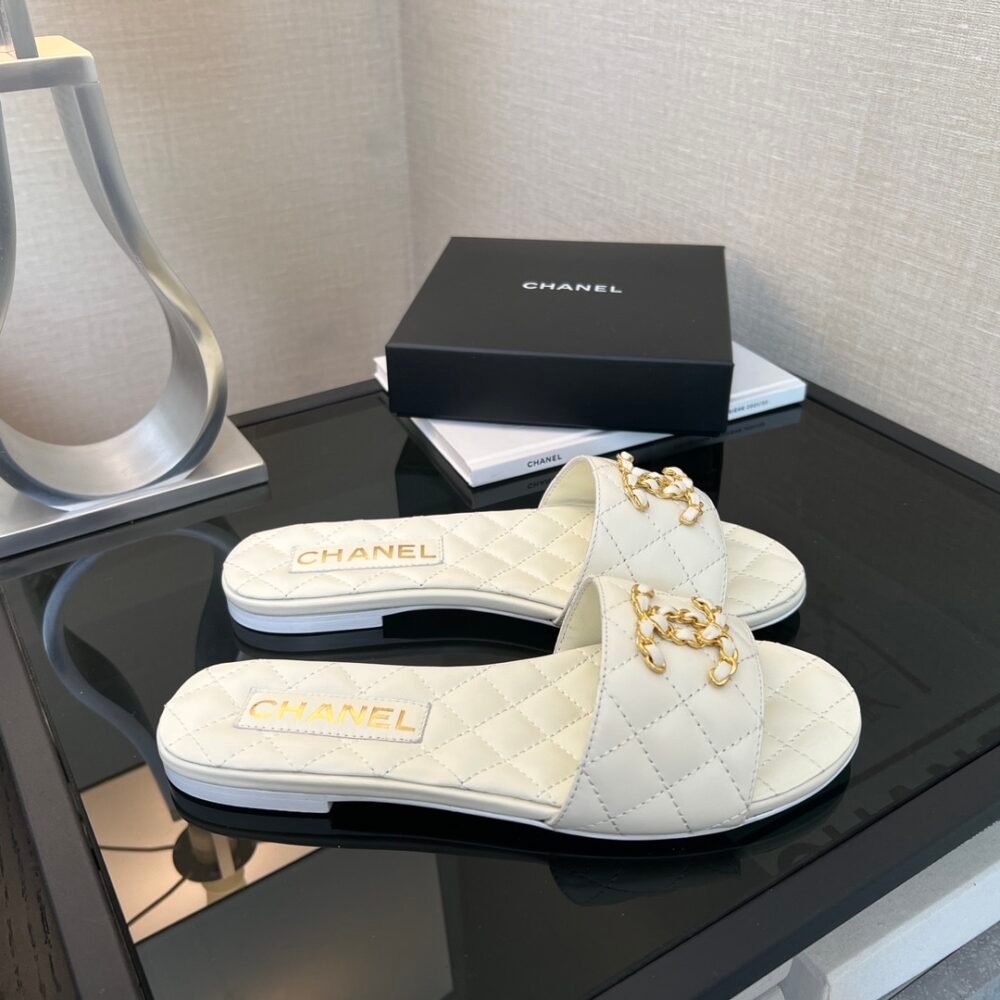 Chanel Quilted Chain Slides White