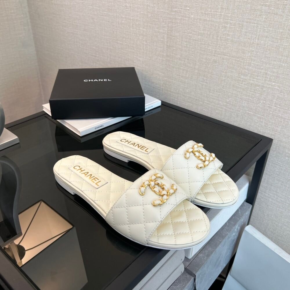Chanel Quilted Chain Slides White