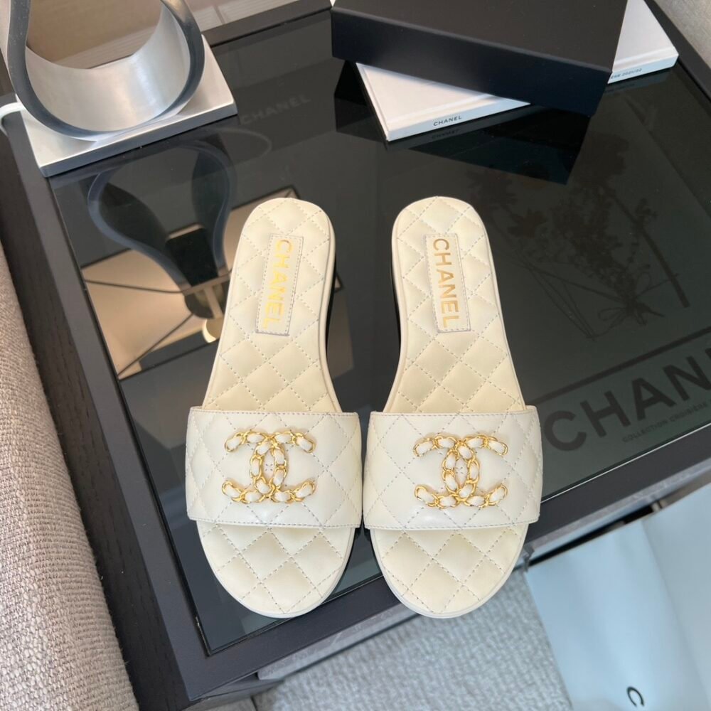 Chanel Quilted Chain Slides White