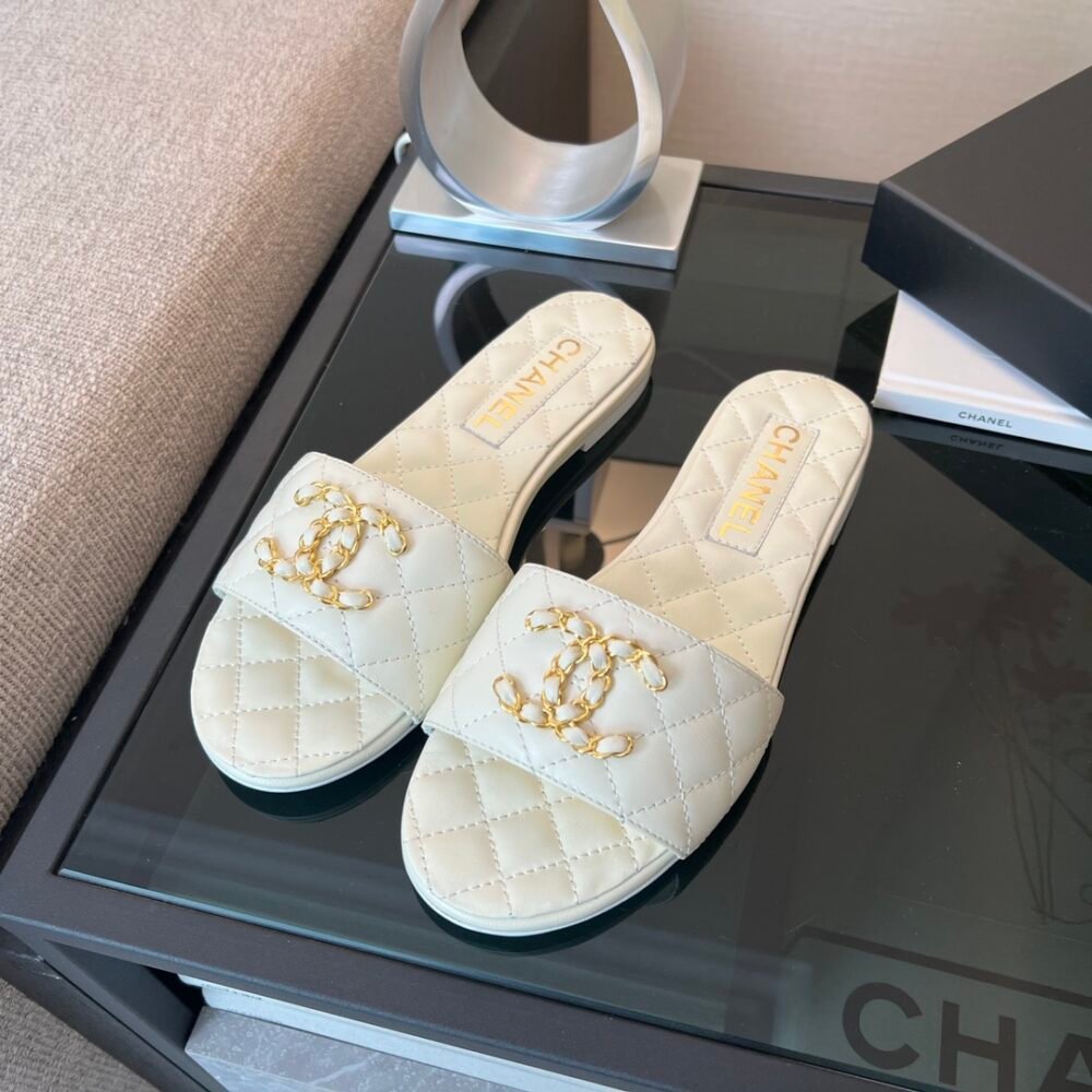 Chanel Quilted Chain Slides White