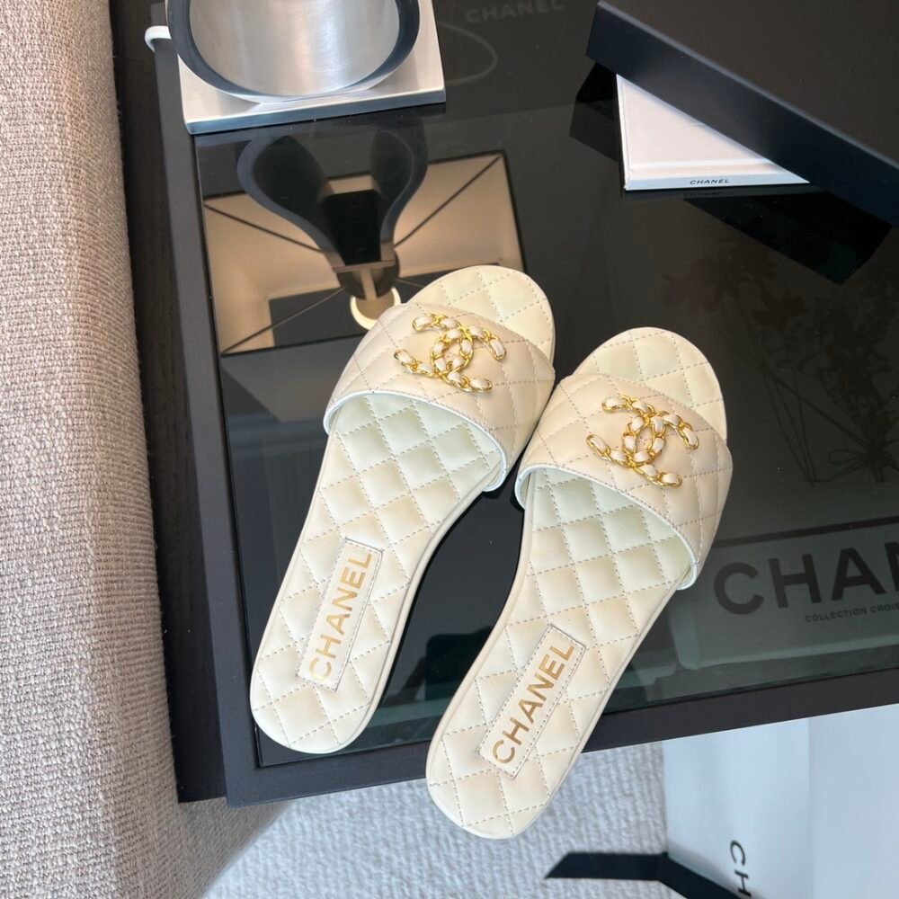 Chanel Quilted Chain Slides White