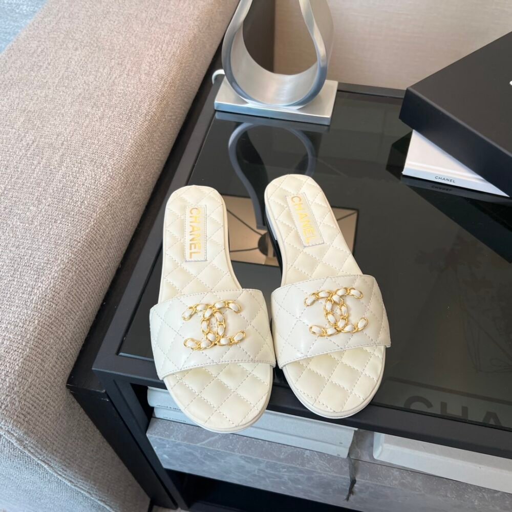 Chanel Quilted Chain Slides White