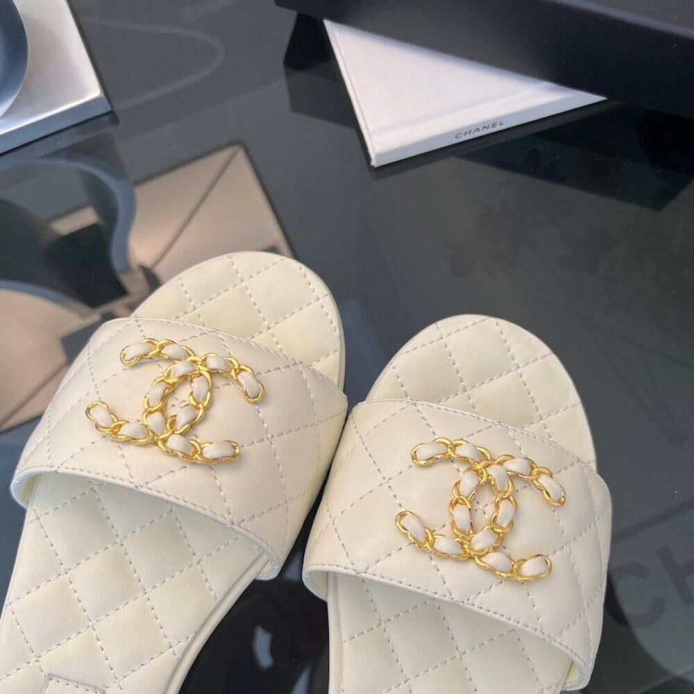 Chanel Quilted Chain Slides White