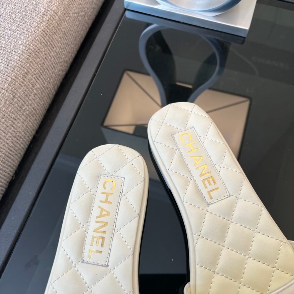 Chanel Quilted Chain Slides White