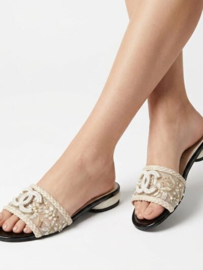 Chanel Rhinestone Slide Sandals Cream