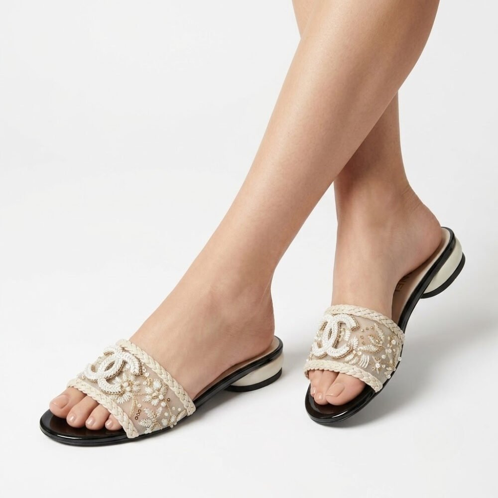 Chanel Rhinestone Slide Sandals Cream