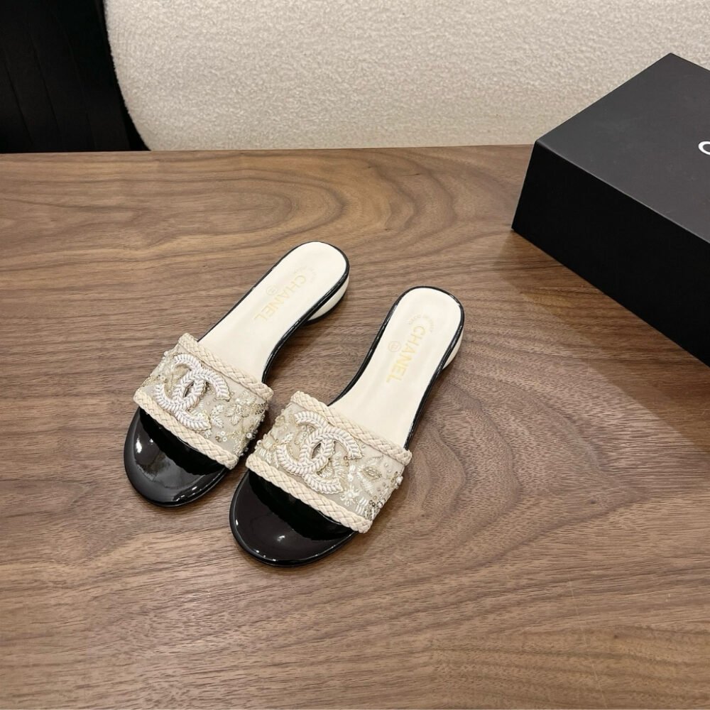 Chanel Rhinestone Slide Sandals Cream