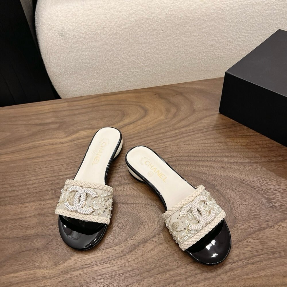 Chanel Rhinestone Slide Sandals Cream