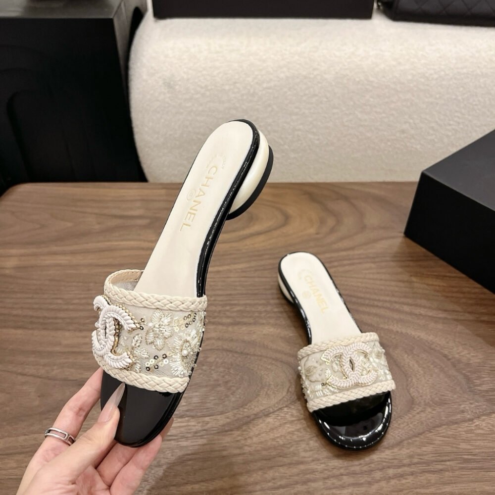 Chanel Rhinestone Slide Sandals Cream
