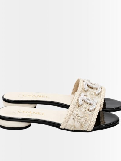 Chanel Rhinestone Slide Sandals Cream