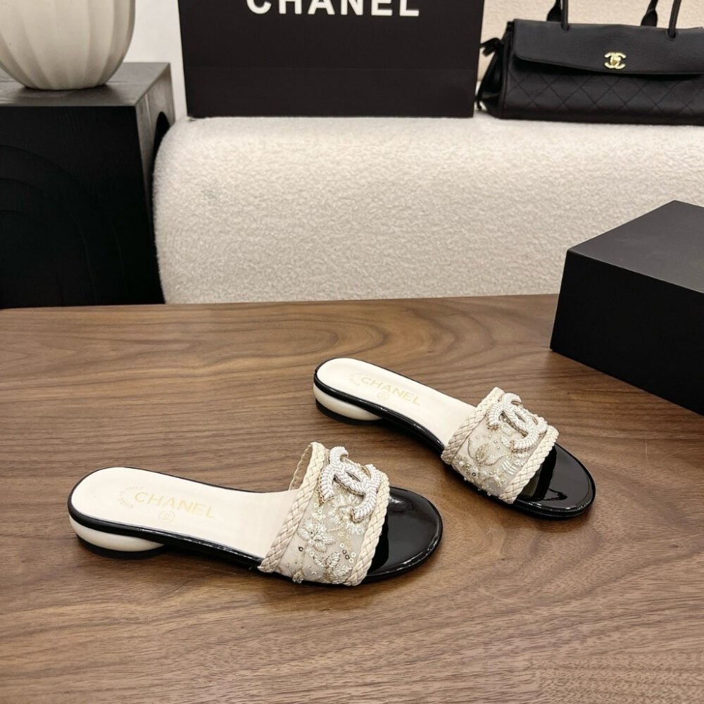 Chanel Rhinestone Slide Sandals Cream