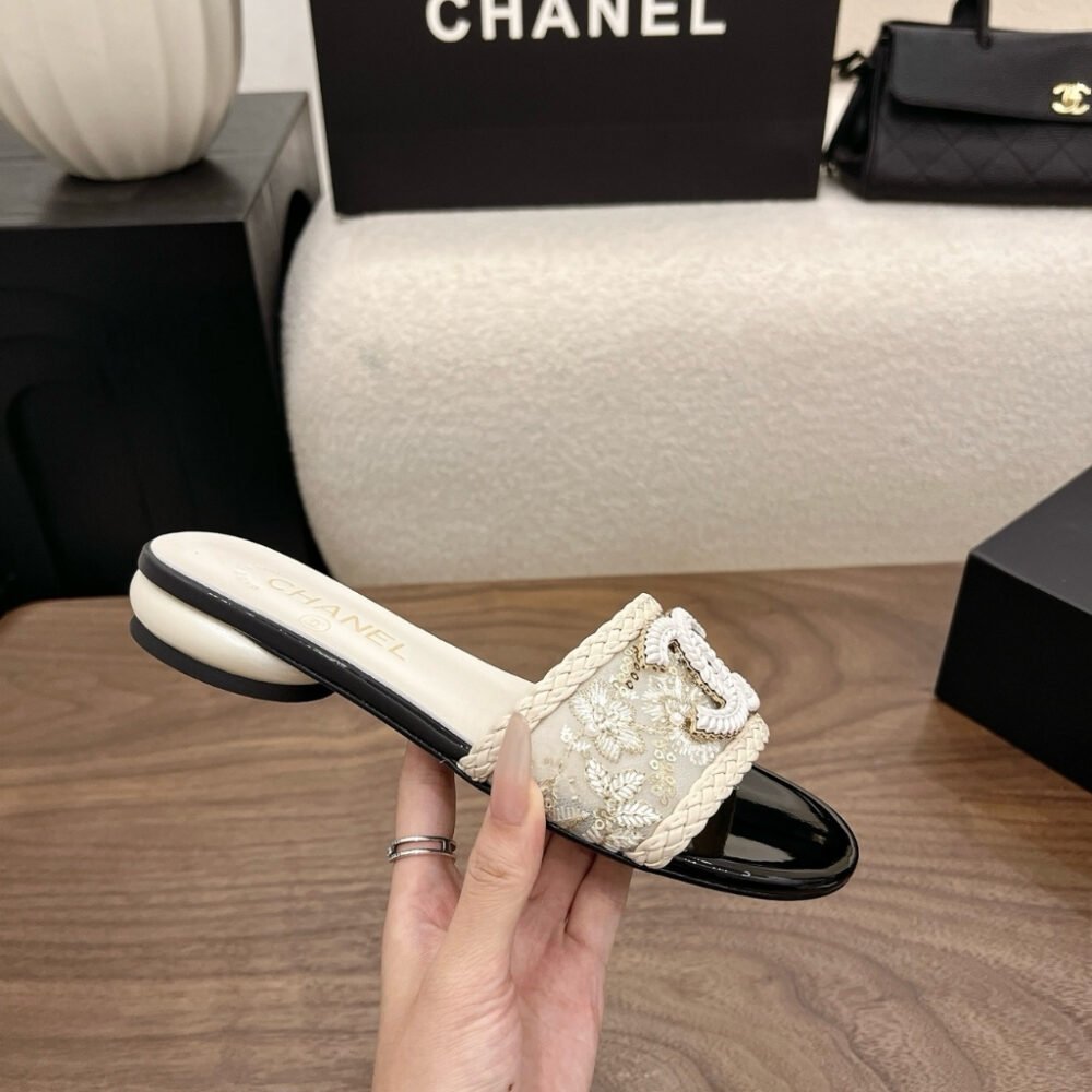 Chanel Rhinestone Slide Sandals Cream