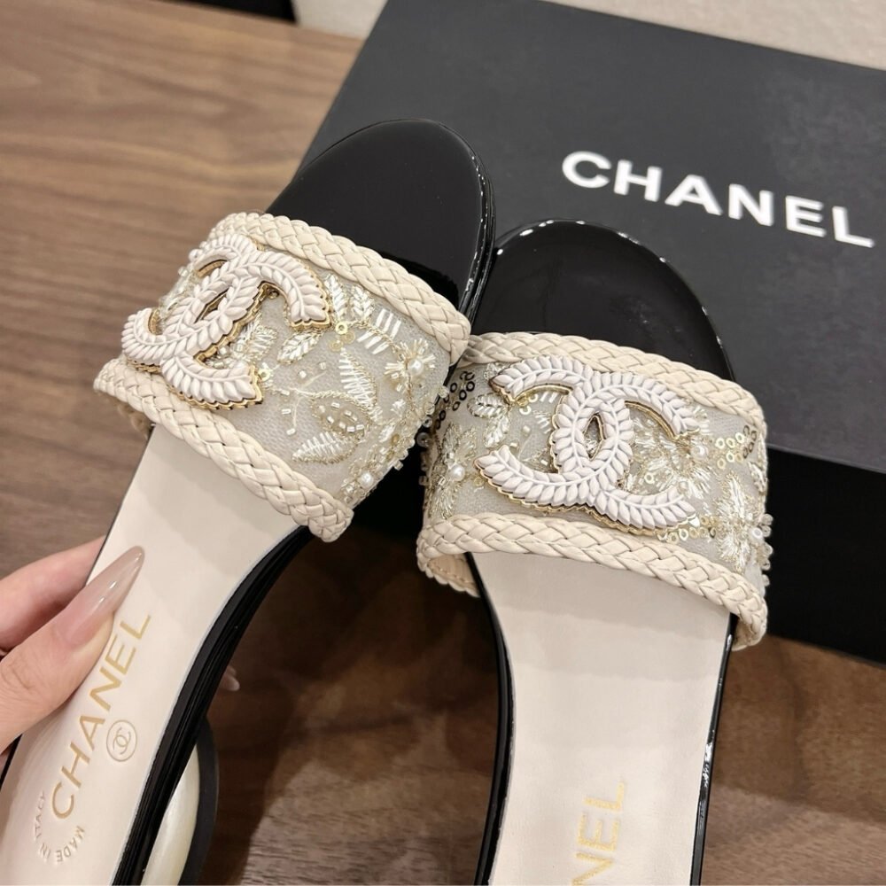 Chanel Rhinestone Slide Sandals Cream