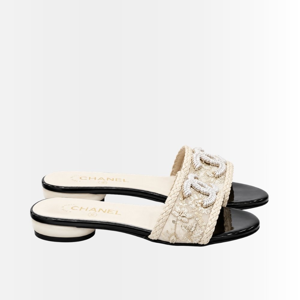 Chanel Rhinestone Slide Sandals Cream