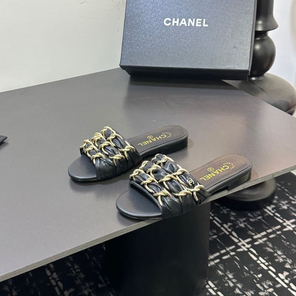 Chanel Slide Sandals Grosgrain Gold Black