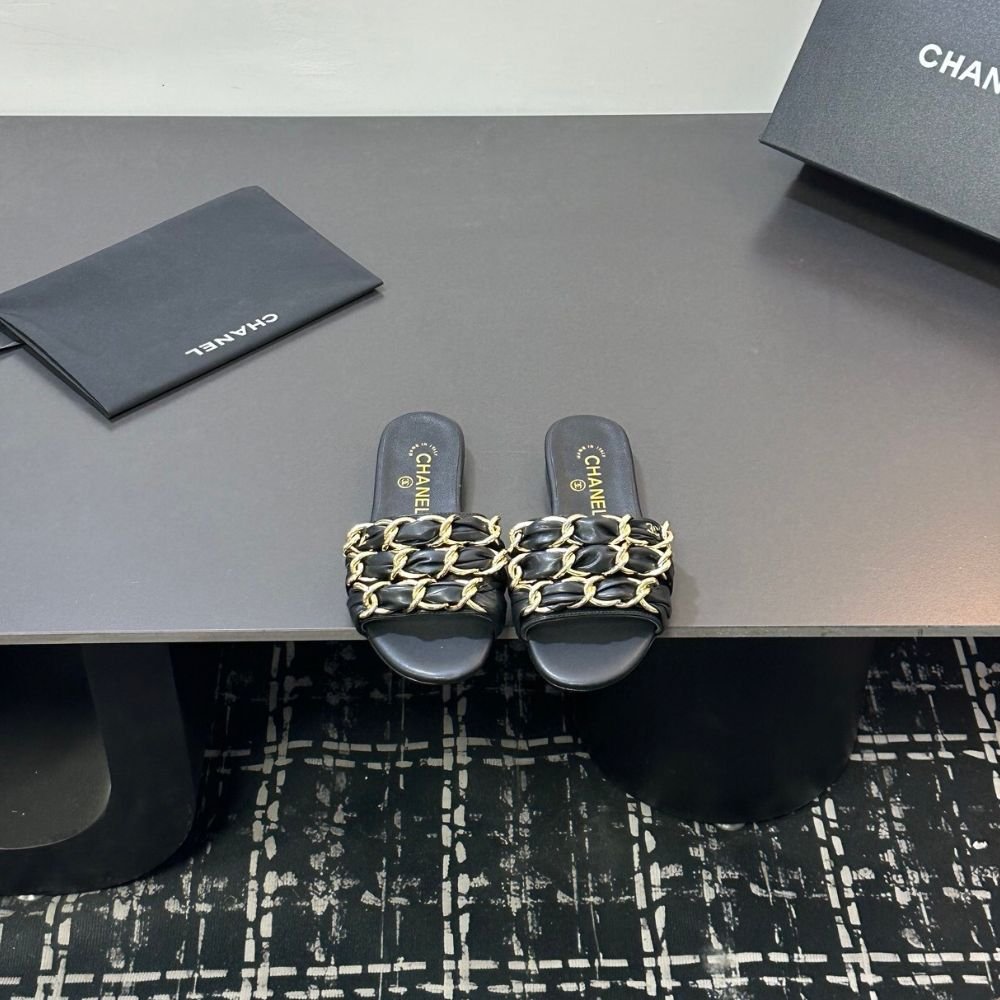 Chanel Slide Sandals Grosgrain Gold Black