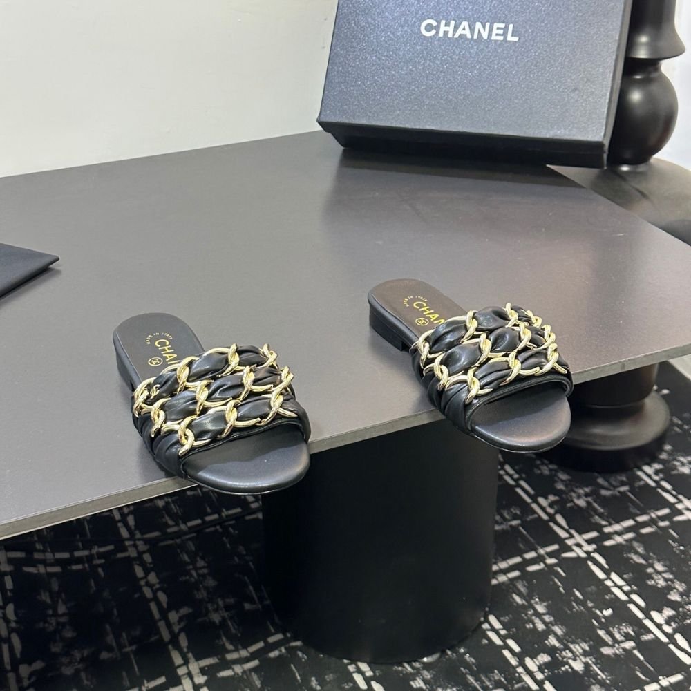 Chanel Slide Sandals Grosgrain Gold Black