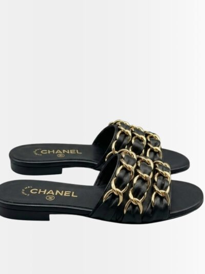 Chanel Slide Sandals Grosgrain Gold Black