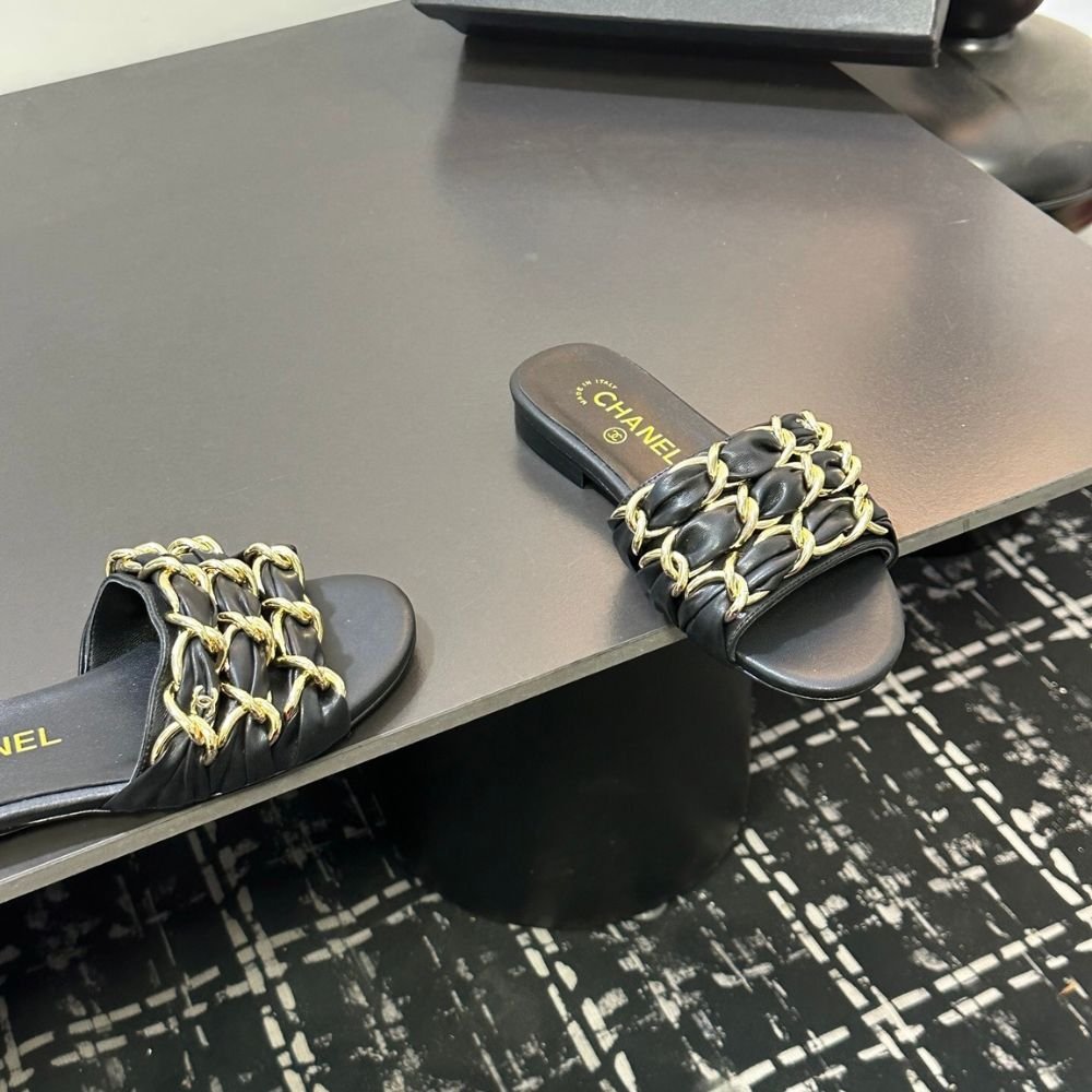 Chanel Slide Sandals Grosgrain Gold Black