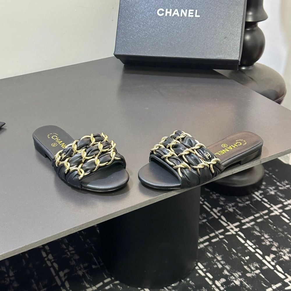 Chanel Slide Sandals Grosgrain Gold Black