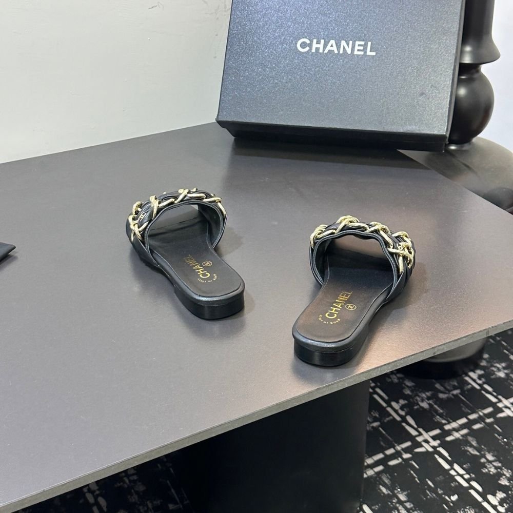 Chanel Slide Sandals Grosgrain Gold Black