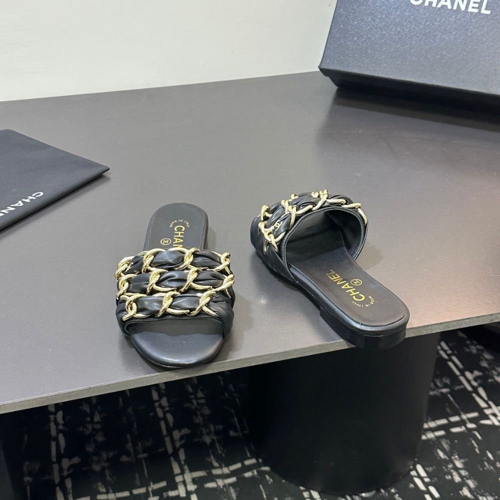 Chanel Slide Sandals Grosgrain Gold Black