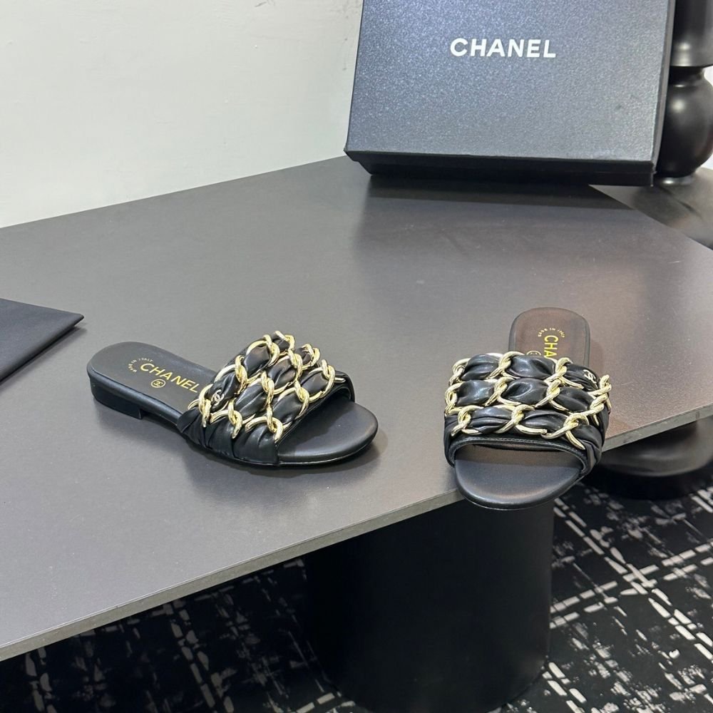 Chanel Slide Sandals Grosgrain Gold Black
