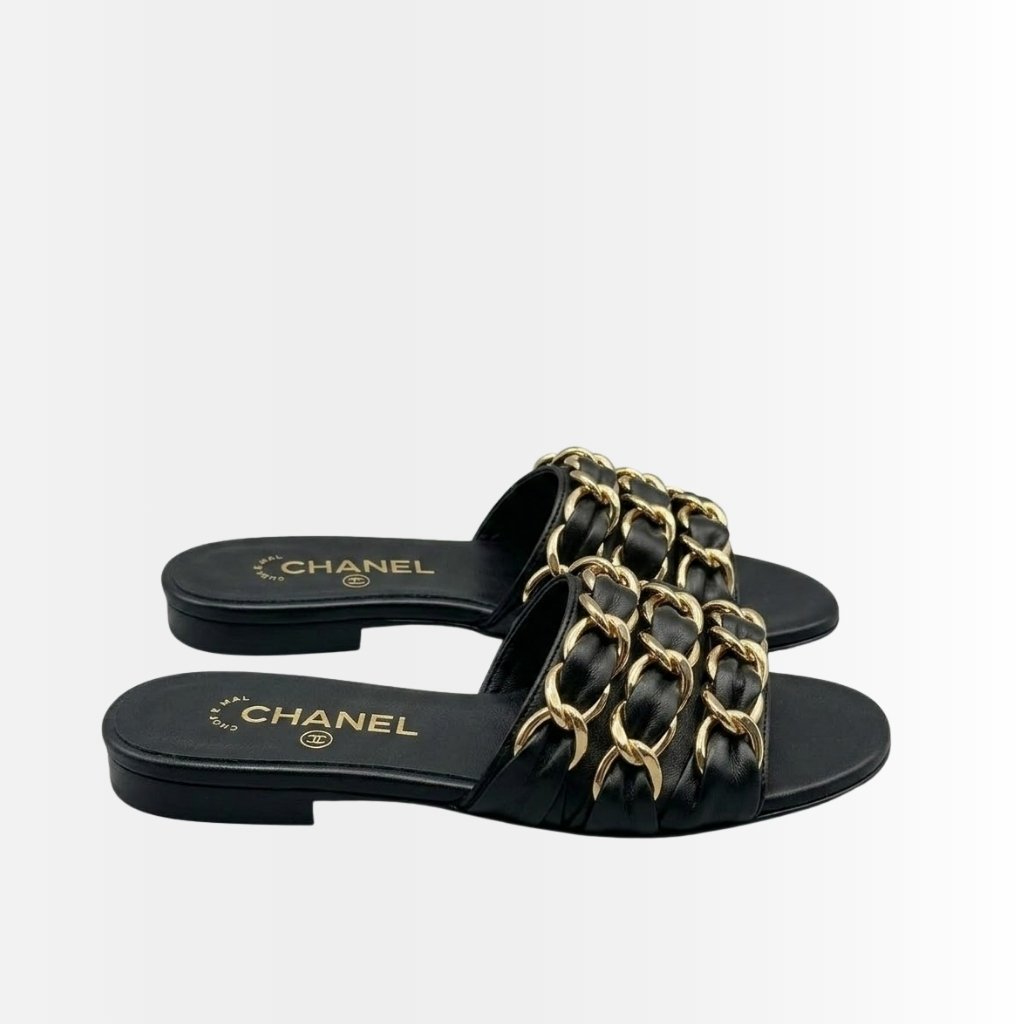 Chanel Slide Sandals Grosgrain Gold Black