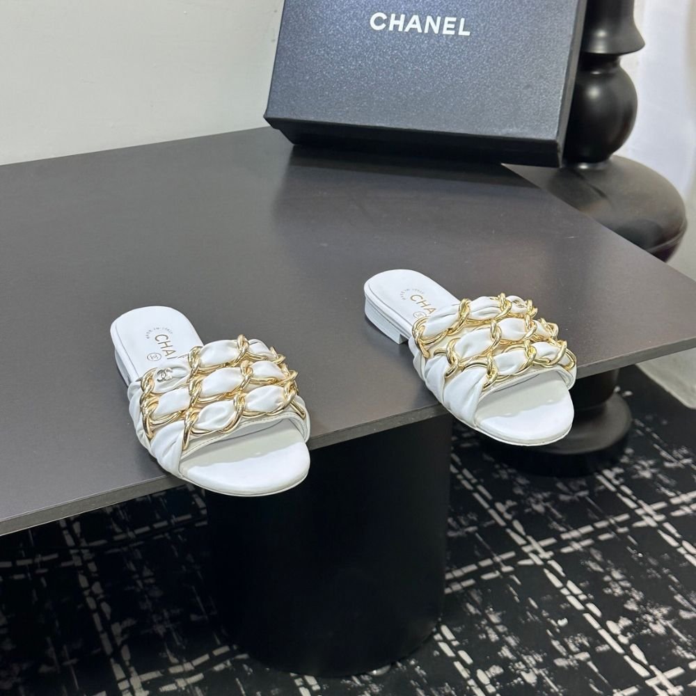 Chanel Slide Sandals Grosgrain Gold White