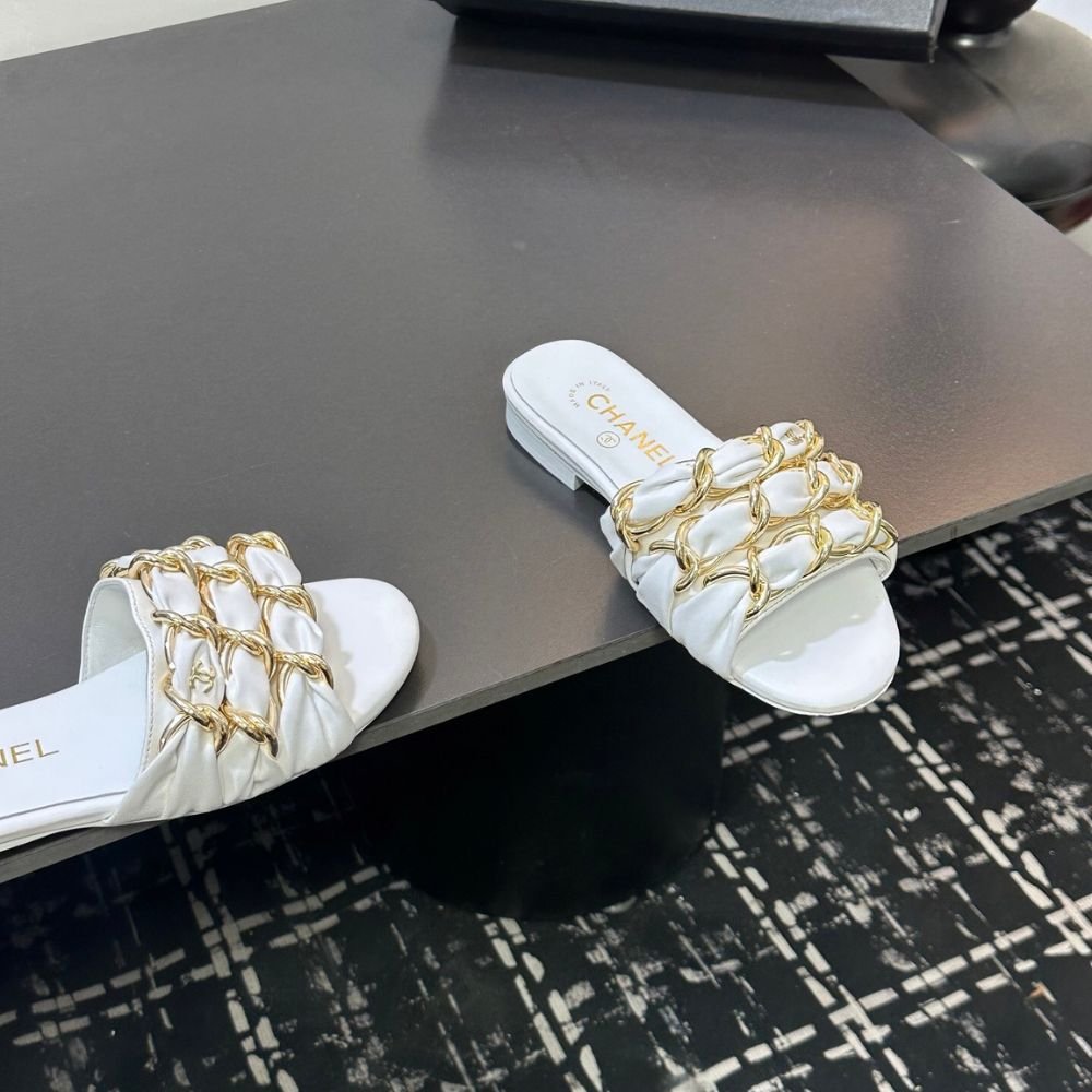 Chanel Slide Sandals Grosgrain Gold White