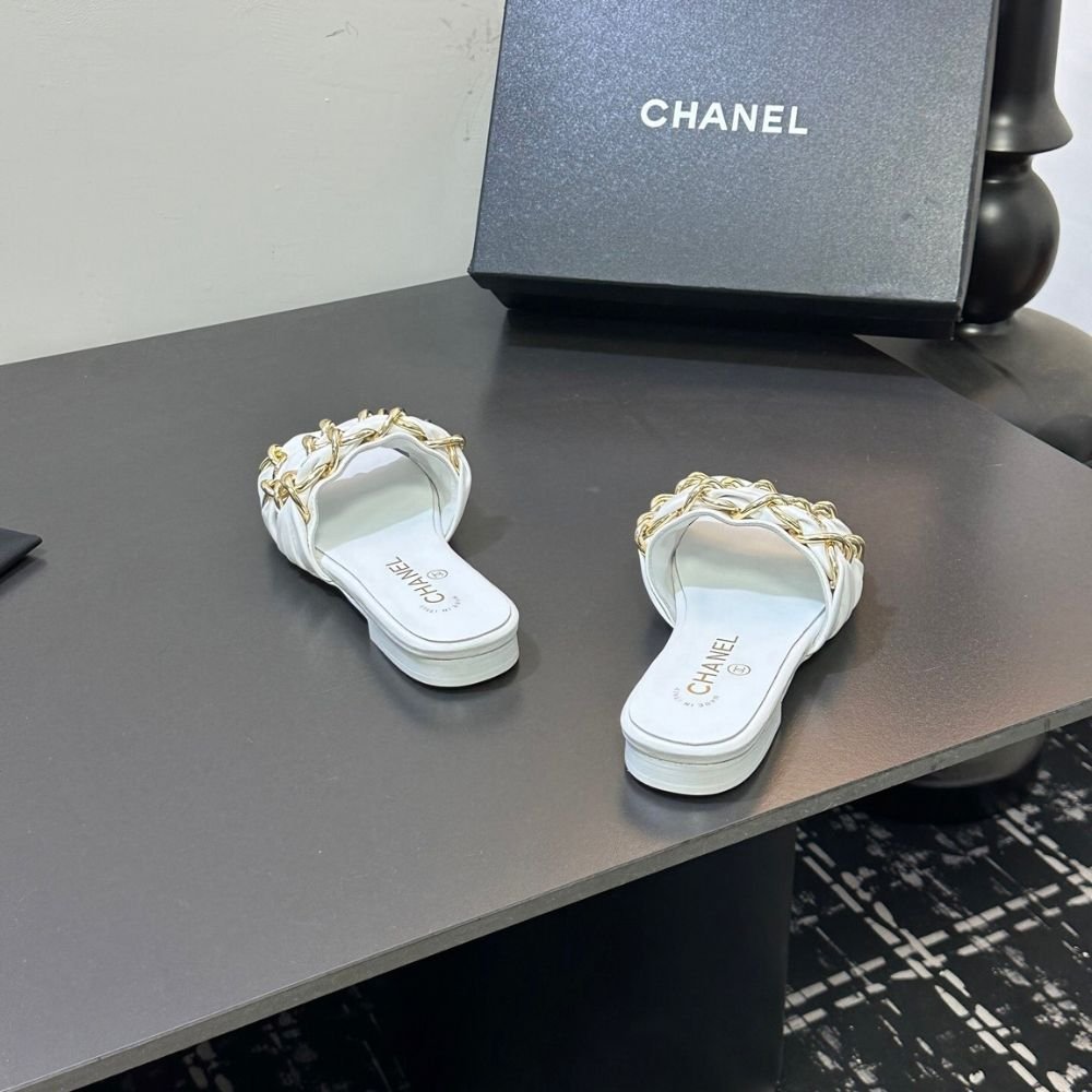 Chanel Slide Sandals Grosgrain Gold White