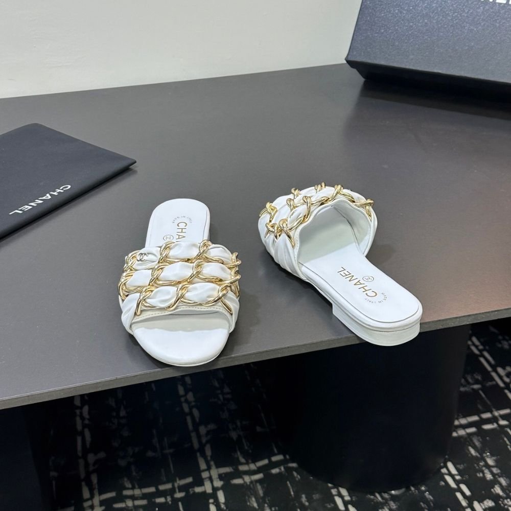 Chanel Slide Sandals Grosgrain Gold White