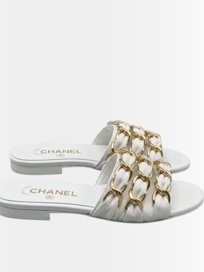 Chanel Slide Sandals Grosgrain Gold White