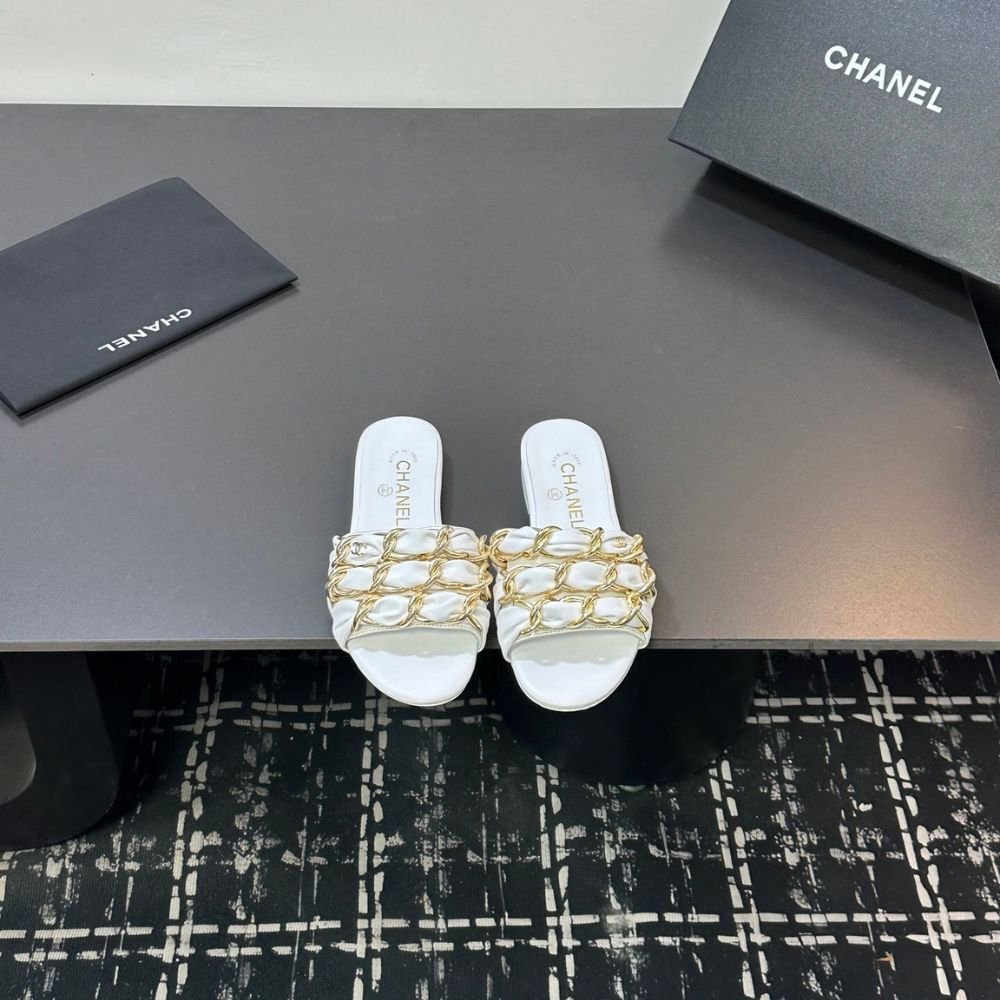 Chanel Slide Sandals Grosgrain Gold White