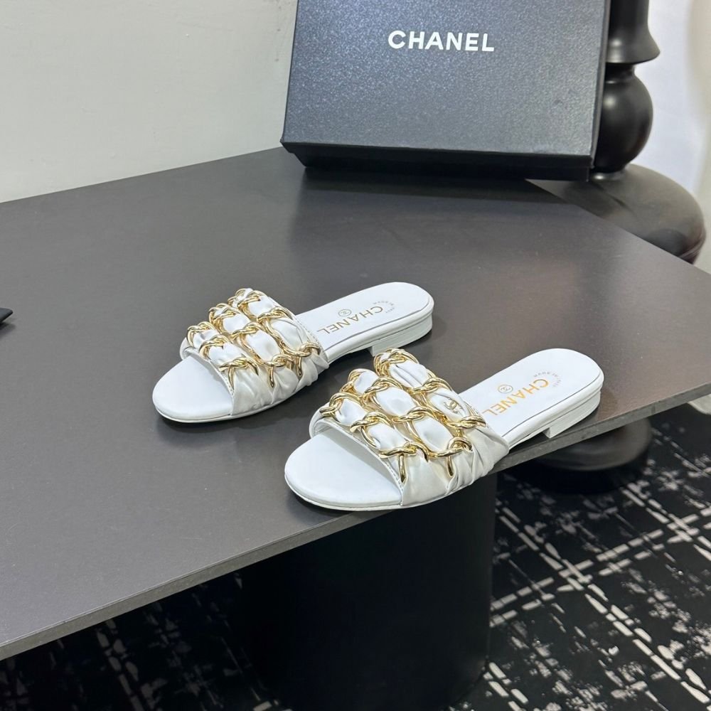 Chanel Slide Sandals Grosgrain Gold White