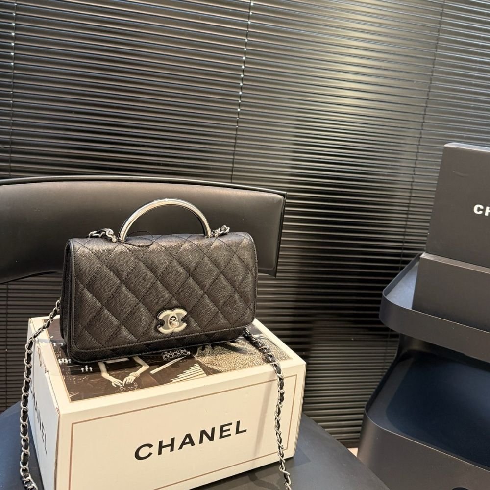 Chanel Small Flap Bag With Top Handle Silver Tone Metal Black 20Cm AS5555 B20557 94305