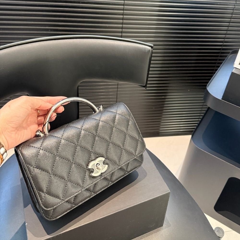 Chanel Small Flap Bag With Top Handle Silver Tone Metal Black 20Cm AS5555 B20557 94305
