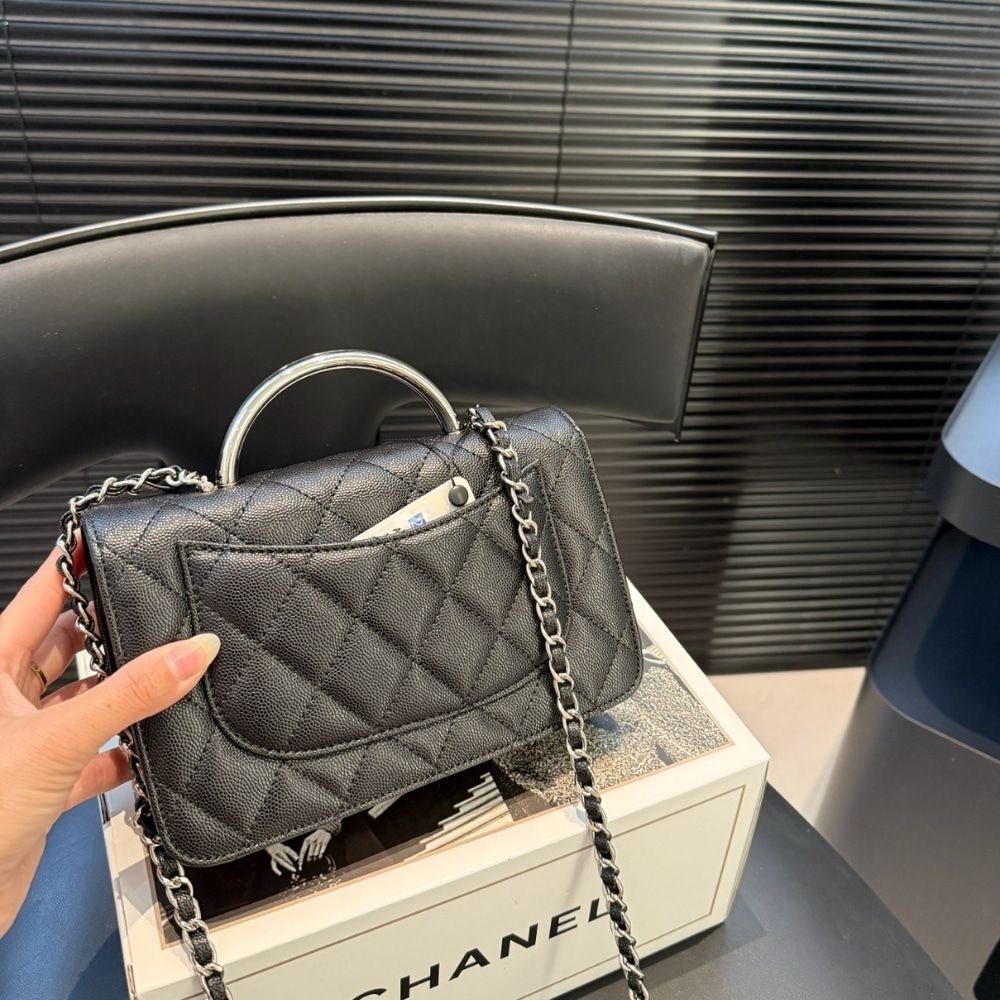 Chanel Small Flap Bag With Top Handle Silver Tone Metal Black 20Cm AS5555 B20557 94305