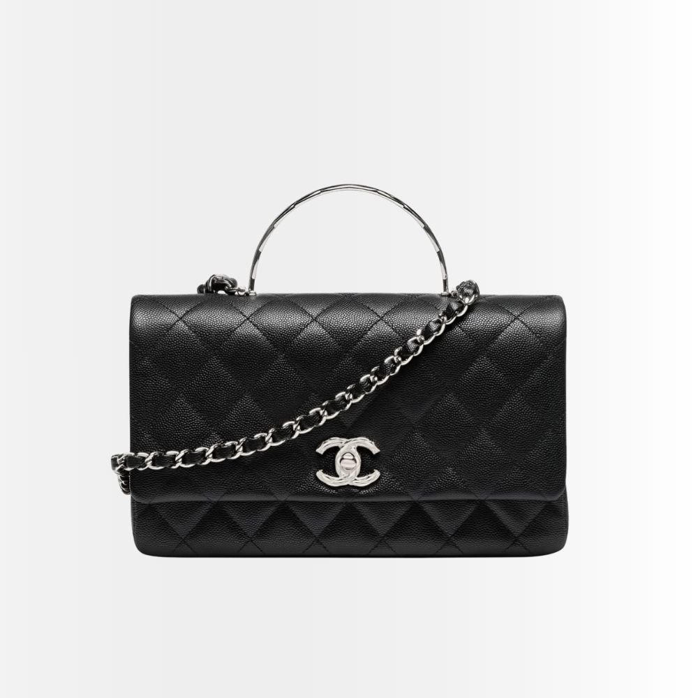 Chanel Small Flap Bag With Top Handle Silver Tone Metal Black 20Cm AS5555 B20557 94305